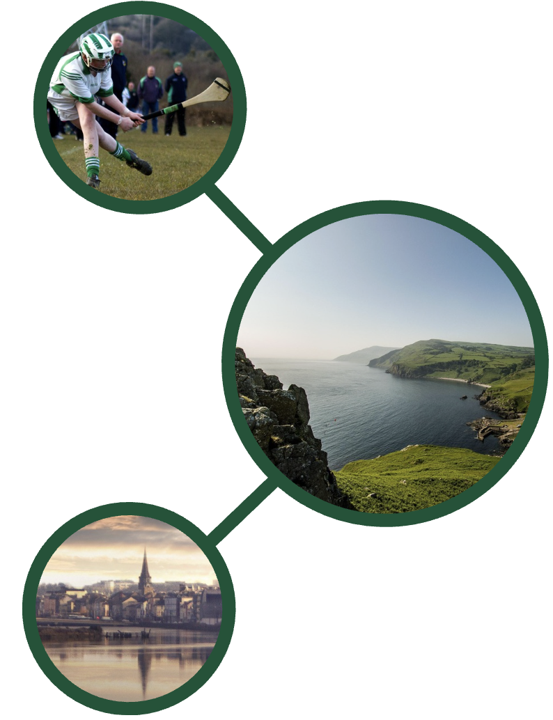 Irish culture, landscape and community imagery connected by a shared line.